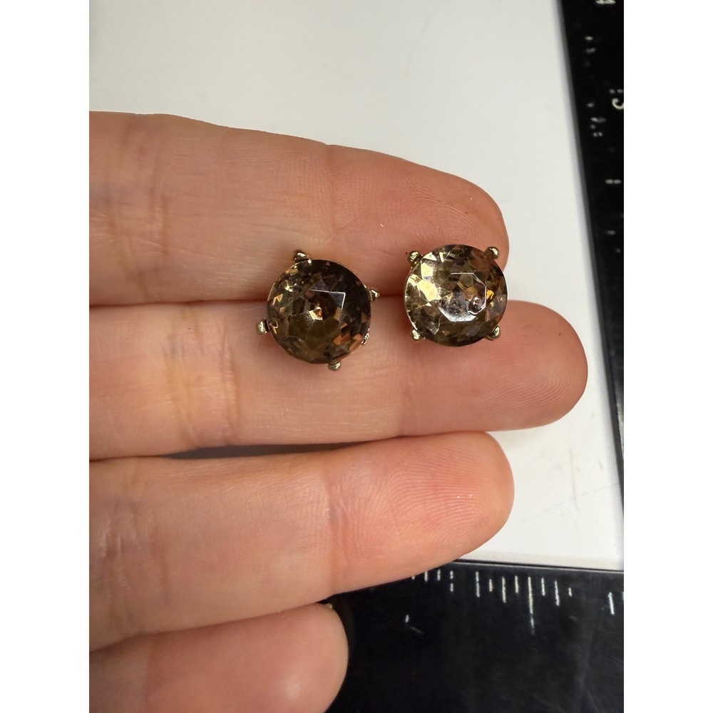 Gold Tone Smoky Brown Faceted Crystal Round Stud Earrings Classic Jewelry